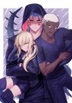  1girl 2boys :/ absurdres artoria_pendragon_(all) black_legwear black_pants black_shirt black_shorts blonde_hair blue_hair closed_mouth cornrows cu_chulainn_(fate)_(all) cu_chulainn_alter_(fate/grand_order) dark_skin emiya_alter facial_mark fate/grand_order fate_(series) frown hair_strand highres hood huge_filesize jewelry long_hair looking_at_viewer moto_(otemoto02) multiple_boys necklace pants ponytail purple_background red_eyes saber_alter shirt shorts smile spikes tail tattoo thighhighs wet white_hair yellow_eyes 