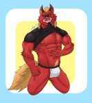  akiidiamondheart_(artist) anthro bulge canid canine canis clothing fur hi_res male mammal muscular muscular_anthro muscular_male nipples red_body red_fur scar simple_background solo underwear wolf 