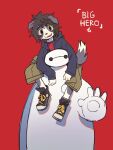  1boy 1other animal_ears baymax big_hero_6 black_fur black_hair black_jacket brown_pants copyright_name dog_boy dog_ears dog_tail fangs furrification furry furry_male highres hiro_hamada jacket looking_at_viewer multicolored_fur on_shoulder open_mouth pants red_background red_shirt robot shirt sitting smile tail waving white_fur xinxinbird 