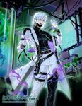  1boy :d asymmetrical_footwear beaker belt belt_buckle belt_pouch black_belt black_mask black_shirt boots buckle cardfight!!_vanguard chest_harness coat copyright_notice curtained_hair door ear_piercing earrings erlenmeyer_flask feet_out_of_frame fire flask gloves hair_behind_ear harness holding holding_beaker holding_flask holding_test_tube indoors industrial_pipe jewelry lab_coat laboratory lapels light_particles looking_at_viewer male_focus mask mask_pull medium_hair monitor monster mouth_mask notched_lapels o-ring o-ring_thigh_strap official_art open_clothes open_coat pants parted_bangs piercing pouch print_shirt purple_coat purple_eyes purple_fire round-bottom_flask scientist screen shirt single_off_shoulder smile solo standing stasis_tank surgical_mask tatsuma_daisuke teeth test_tube test_tube_rack thigh_boots thigh_strap turtleneck turtleneck_shirt two-sided_coat two-sided_fabric upper_teeth_only white_coat white_gloves white_pants 