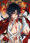  1boy ahoge bandaged_arm bandaged_chest bandaged_torso bandages beads black_hair blade_(honkai:_star_rail) blood blood_on_face earrings fingerless_gloves gloves gradient_hair hair_over_one_eye honkai:_star_rail honkai_(series) jacket jewelry long_hair looking_at_viewer male_focus mortenax_blade_(honkai:_star_rail) multicolored_hair necklace onegingek open_clothes open_jacket pants parted_lips red_eyes single_earring strap tassel toned toned_male very_long_hair 