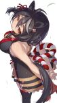  1girl animal_ears arms_behind_back bare_arms black_hair black_tail black_thighhighs blush breasts closed_mouth commentary_request from_behind hair_between_eyes highres horse_ears horse_girl horse_tail interlocked_fingers kitasan_black_(gilded_shrine_to_glory)_(umamusume) kitasan_black_(umamusume) kouhaku_nawa large_breasts looking_at_viewer miniskirt multicolored_hair orange_shirt orange_skirt pleated_skirt red_eyes rope shimenawa shirt short_hair simple_background skirt sleeveless sleeveless_shirt smile solo streaked_hair tail tail_through_clothes thighhighs two_side_up umamusume white_background white_streaks yakousei_a 