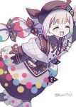  1girl artist_name artist_painter beret black_hat bow closed_eyes collared_shirt hat highres jacket jogasaki_noah long_hair long_sleeves mahou_shoujo_no_majo_saiban multi-tied_hair multicolored_hair neck_ribbon off-shoulder_jacket off_shoulder open_mouth paint_splatter paint_stains paintbrush polka_dot polka_dot_bow ribbon runa_(runa7733) shirt signature simple_background smile solo spray_can streaked_hair white_background white_hair 