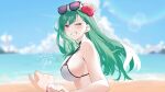  1girl 1other bare_shoulders beach bikini black_choker blue_sky blurry blurry_background blush breasts choker cloud commentary_request commission cropped day eyewear_on_head flower from_side green_hair grin hair_flower hair_ornament hand_grab hibiscus hikari_yui leading_viewer long_hair looking_at_viewer looking_back ocean one_eye_closed outdoors portrait pov purple_eyes rotated sideboob signature skeb_commission sky smile solo_focus sunlight swimsuit virtual_youtuber vspo! white_bikini yakumo_beni 