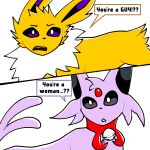  2_tails bell bell_collar black_eyes collar comic dialogue duo eeveelution english_text espeon female femboy feral fur gem gender_confusion generation_1_pokemon generation_2_pokemon hi_res jolteon long_ears male male/female multi_tail multicolored_body neck_tuft nintendo open_mouth pokemon pokemon_(species) purple_body randomayy ribbons shocked simple_background speech_bubble tail tailless text tomboy tuft unusual_anatomy unusual_tail white_background white_tuft yellow_body yellow_fur 