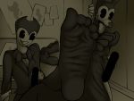  4:3 anthro bendy_and_the_ink_machine bendy_the_dancing_demon boris_the_friendly_wolf bottomless bow_tie bronypanda canid canine canis censor_bar censored clothed clothing demon duo foot_focus footwear looking_at_viewer male male/male mammal shoes smile suit tongue tongue_out video_games wolf 