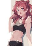  1girl absurdres black_tank_top blue_eyes breasts brown_hair cleavage collarbone cropped_shirt gakuen_idolmaster hanami_saki highres idolmaster long_hair looking_at_viewer medium_breasts midriff navel open_mouth pandoa_(mikage0495) smile solo tank_top two_side_up 