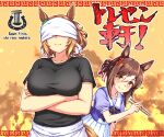  2girls :q animal_ears black_shirt blindfold blush breasts brown_hair chopsticks closed_mouth commentary_request crossed_arms english_text fine_motion_(umamusume) green_eyes holding holding_chopsticks horse_ears horse_girl horse_tail kaicho_(kaicho_p) large_breasts multicolored_hair multiple_girls orange_hair school_uniform shirt short_hair short_sleeves smile streaked_hair taiki_shuttle_(umamusume) tail tongue tongue_out tracen_school_uniform umamusume 