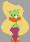  anatid anseriform anthro avian billboi bird blonde_hair clothing duck female green_body green_eyes hair half-closed_eyes hand_behind_back leotard narrowed_eyes plucky&#039;s_dream_girl simple_background smile solo standing tiny_toon_adventures warner_brothers 