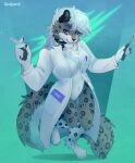  anthro big_tail chest_tuft claws clothed clothing coat collar curly_hair digital_media_(artwork) felid female fluffy fluffy_tail fur hair hi_res injection lab_coat long_hair looking_at_viewer mammal medical_instrument on_one_leg pantherine pawpads scalpel scientific_instrument scientist simple_background smile smiling_at_viewer snow_leopard solo spots spottymichi standing surgical_instrument tail topwear tuft whiskers 
