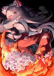  1girl black_background bow buttons collared_shirt commentary_request fire flower footwear_bow fujiwara_no_mokou grey_hair hair_bow hand_up highres leg_up long_hair long_sleeves multiple_hair_bows ofuda ofuda_on_clothes pants red_eyes red_pants red_shoes shirt shoes solo suspenders touhou uneven_eyes wankosoba_(wanwan_soba) white_bow white_flower white_shirt winter_daphne 