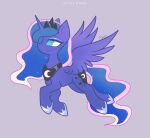  1_horn absurd_res black_neckwear black_tiara blue_eyeshadow blue_hair blue_tail crown cutie_mark digital_drawing_(artwork) digital_media_(artwork) equid equine eyelashes eyeshadow feathered_wings feathers female female_feral feral flat_colors flying friendship_is_magic hair hasbro headgear hi_res highlights_(coloring) hooves horn makeup mammal monotone_background mouthless my_little_pony mythological_creature mythological_equine mythology nnalyart pink_highlights princess_luna_(mlp) purple_background purple_body purple_hooves purple_horn purple_wings quadruped side_view signature simple_background solo tail teal_eyes tiara winged_unicorn wings 