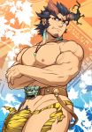  1boy abs bara bulge chest crossed_arms dark_blue_hair facial_hair fang highres horns jewelry kuroshinki looking_at_viewer male_focus muscle nipples pectorals red_eyes scar shirtless short_hair solo takemaru_(tokyo_houkago_summoners) thick_eyebrows thick_thighs thighs tokyo_houkago_summoners torn_clothes upper_body veins 