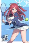  1girl absurdres ball blue_bow blue_corset blue_eyes bow chinese_commentary commentary_request corset dog hair_bow highres holding holding_tennis_racket long_hair long_sleeves looking_down minamoto_sakura open_mouth puffy_long_sleeves puffy_sleeves racket red_hair romero_(zombie_land_saga) shirt skirt solo sweat tennis_ball tennis_racket white_shirt white_skirt xzu zombie_land_saga 