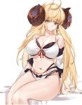  1girl ahoge anila_(granblue_fantasy) bangs bikini blonde_hair blunt_bangs blush breasts cleavage collarbone detached_sleeves draph eyebrows_visible_through_hair granblue_fantasy highres horns large_breasts layered_bikini long_hair looking_at_viewer majo_(pastamajo) navel revision ribbon-trimmed_bikini sheep_horns short_eyebrows simple_background sitting smile solo swimsuit thick_eyebrows very_long_hair white_background yellow_eyes 