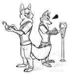  annoyed anthro canid canine canis clothed clothing corgi_(artist) disney duo fully_clothed male mammal monochrome officer_grizzoli officer_wolfard parking_meter police sketch smile ticket wolf zootopia 
