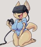  absurd_res aggressive_retsuko anthro big_breasts blush bodily_fluids bottomless breasts canid canine clothed clothing controller curvy_figure female fennec fenneko fox hi_res holding_object legs_together mammal nipple_outline open_mouth sanrio simple_background smile solo sweat thick_thighs tongue topwear virito vr_headset 