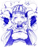  1girl :&gt; arms_up ballpoint_pen_(medium) blue_theme breasts closed_eyes commentary cookie english_commentary eyebrows_visible_through_hair food fruit highres hololive kore_(korewa13th) long_hair medium_breasts monochrome mouth_hold notice_lines object_on_head signature solo traditional_media tsunomaki_watame upper_body virtual_youtuber watermelon 