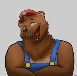  2020 anthro bearphones brown_bear brown_body brown_fur clothing cosplay crossed_arms front_view fur grey_background grizzly_bear hat headgear headwear hi_res looking_at_viewer male mammal mario mario_bros neck_tuft nintendo open_mouth orange_eyes signature simple_background solo teeth tongue torrn tuft ursid ursine video_games 