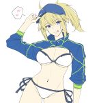  1girl absurdres ahoge artoria_pendragon_(all) bikini blonde_hair blue_eyes breasts cleavage commentary_request cowboy_shot eyebrows_visible_through_hair eyes_visible_through_hair fate/grand_order fate_(series) hair_between_eyes hat highres koujiro_(kouziro_1) large_breasts looking_at_viewer musical_note mysterious_heroine_xx_(foreigner) navel ponytail simple_background solo speech_bubble standing stomach swimsuit tongue tongue_out white_background 