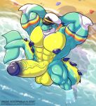 3_toes abs alligator alligatorid anthro aquatic arm_fin balls barazoku beach big_balls big_muscles big_nipples big_pecs big_penis crocodilian detailed_background digital_media_(artwork) erect_nipples erection feet fin fish genitals green_body green_scales hands_behind_back hi_res huge_balls huge_muscles huge_nipples huge_pecs huge_penis humanoid_genitalia humanoid_penis hybrid hyper hyper_balls hyper_genitalia hyper_penis male markings multicolored_body multicolored_eyes multicolored_markings multicolored_scales muscular muscular_anthro muscular_male nipples nude nude_anthro nude_male ougon outside pecs penis reptile scales scalie seaside shark solo sparky_(focus) tail tail_fin teeth toes water yellow_balls yellow_body yellow_penis yellow_scales