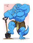  anthro biceps bottomwear ceratopsian claws clothing dinosaur dinosaur_tail extreme_dinosaurs gepredators male muscular muscular_anthro muscular_male nipples ornithischian pants pecs pose reptile scalie shovel solo spike_(extreme_dinosaurs) tools triceratops working 