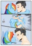 absurd_res after_kiss anthro blue_body blush bodily_fluids border breasts butt comic cutie_mark digital_media_(artwork) duo english_text equid equine feathered_wings feathers female french_kissing friendship_is_magic fur hair hasbro hi_res human human_on_anthro interspecies kissing male male/female mammal multicolored_hair my_little_pony mythological_creature mythological_equine mythology nude pegasus plap rainbow_dash_(mlp) rainbow_hair saliva saliva_string tail text white_border wings zeroviks