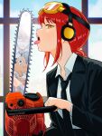  chainsaw chainsaw_man commentary denji_(chainsaw_man) dog earmuffs elpipe_3000 english_commentary eye_contact highres looking_at_another makima_(chainsaw_man) necktie pant_suit pants pochita_(chainsaw_man) red_hair safety_glasses suit tongue tongue_out twitter_username 