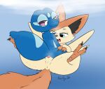 2026 animal_genitalia anus blue_background blue_body blue_eyes blue_skin feet female feral fluffy fluffy_tail fur gecqua generation_10_pokemon generation_5_pokemon genital_slit genitals hi_res kerilyn legendary_pokemon male male/female nintendo orange_body orange_fur pokemon pokemon_(species) purple_eyes signature simple_background steam tail talons thick_tail toes vaginal victini vulva wings