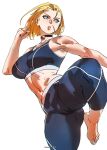  1girl absurdres black_choker blonde_hair blue_eyes breasts cameltoe cammy_white choker highres large_breasts navel pants scar scar_on_cheek scar_on_face short_hair solo sports_bra stepkingo_art street_fighter street_fighter_6 tight_clothes toned toned_female yoga_pants 