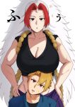  1boy 1girl :< black_eyes black_tank_top blonde_hair blue_shirt breast_rest breasts breasts_on_head cleavage commentary_request crop_top earrings hands_on_own_hips head_tilt hidari_(yomi_no_tsugai) high_ponytail highres hoop_earrings horns jewelry large_breasts long_hair multicolored_hair muscular muscular_female open_mouth pants pleia_desu ponytail purple_pants red_eyes red_hair rope shirt simple_background single_horn tank_top two-tone_hair very_long_hair white_background white_hair yomi_no_tsugai yuru_(yomi_no_tsugai) 