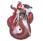  1girl absurdres asymmetrical_bangs bare_shoulders black_scrunchie bracelet breasts capelet commentary copyright_notice covered_navel english_commentary fangs fire_emblem fire_emblem_heroes full_body grey_background grey_leotard hair_ornament hair_scrunchie hand_to_own_mouth highres hip_armor holding holding_stuffed_toy holding_with_tail jewelry jormungandr_(fire_emblem) lamia large_breasts leotard long_hair looking_at_viewer monster_girl official_art open_mouth panties pelvic_curtain prehensile_tail red_hair red_ribbon red_scales ribbon scales scrunchie second-party_source slit_pupils solo stuffed_animal stuffed_sheep stuffed_toy tail taut_clothes thong thong_panties topknot underwear very_long_hair white_capelet yellow_eyes yoshiku_(oden-usagi) 