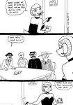 2023 anthro bell bell_collar black_and_white bovid breasts canid canine canis caprine cleavage clothed clothing collar comic dialogue domestic_dog english_text facial_hair female fur group hair hat headgear headwear hi_res horn human lana_lynne male mammal monochrome mustache open_mouth sheep tail tegerio text wine_bottle wool_(fur)