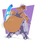 2021 alien armor belly big_belly bloated body_armor boot_(artist) bottom_heavy bottomwear brown_body brown_fur brown_skin clothing energy_shield fangs fur gun halo_(series) huge_belly hyper hyper_belly kig-yar male microsoft pants ranged_weapon red_eyes scalie shield shirt simple_background solo tank_top teeth topwear wardrobe_malfunction weapon wide_hips worried xbox_game_studios