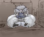 anthro big_breasts black_bra black_clothing black_underwear blue_body blue_fur bra breast_squish breasts button_(fastener) calendar clothing collared_shirt dragon dress_shirt ear_piercing eyes_closed female flayra fur furred_dragon furred_scalie grey_hair hair hi_res huge_breasts hyper hyper_breasts inner_ear_fluff lying lying_on_breasts lying_on_own_breasts mythological_creature mythological_scalie mythology nooxgard office office_clothing office_lady on_front piercing scalie shirt sleeping solo squish strained_clothing straining_buttons tight_bra topwear tuft underwear