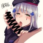  1boy 1girl bangs beret blunt_bangs blush breasts censored eyebrows_visible_through_hair facial_mark girls_frontline green_eyes hair_ornament hat hetero hiruno hk416_(girls_frontline) jacket large_breasts licking licking_penis long_hair looking_at_viewer open_mouth oral penis silver_hair solo_focus teardrop tongue tongue_out 
