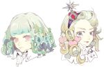  2girls bangs blonde_hair blunt_bangs crown eyebrows eyelashes green_hair hairband heart heart-shaped_pupils lipstick long_hair makeup mini_crown multiple_girls nishihara_isao original purple_eyes red_eyes red_lipstick symbol-shaped_pupils 