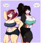  anthro big_breasts black_hair breasts canid canine canis domestic_dog duo felid female flexing hair jwinkz kaylee_(jwinkz) lion looking_at_viewer mammal maribelle_(jwinkz) muscular muscular_female pantherine purple_hair 