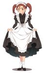  1girl apron blush breasts brown_eyes brown_hair closed_mouth dragon_quest dragon_quest_viii dress earrings jessica_albert jewelry long_hair looking_at_viewer maid maid_headdress miyama_(kannsannn) simple_background solo twintails white_background 