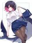  1girl artist_name bag black_choker black_hair black_shoes breasts choker colored_inner_hair commentary_request ear_piercing ellen_joe ellen_joe_(on_campus) fins fish_tail hair_ornament highres large_breasts large_tail looking_at_viewer mole mole_under_eye multicolored_hair official_alternate_costume pantyhose piercing razor_blade_hair_ornament red_eyes red_hair red_nails samon_(vxxr8575) scar scar_on_tail school_bag school_uniform shark_girl shark_tail shirt shoes short_hair skirt tail white_shirt zenless_zone_zero 