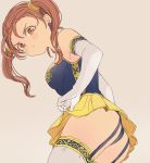  1girl ass blush breasts brown_eyes brown_hair closed_mouth commentary_request dragon_quest dragon_quest_viii earrings garter_straps jessica_albert jewelry long_hair looking_at_viewer miyama_(kannsannn) simple_background solo twintails 