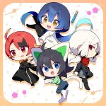  1boy 3girls :d :p animal_ears black_coat black_hair black_skirt black_streaks blue_eyes blue_hair blue_overalls blush boots border cat_ears cat_girl cat_tail chibi chibi_only closed_mouth coat commentary_request double-parted_bangs drop_shadow green_shirt hair_between_eyes highres holding holding_knife kemonomimi_mode knife long_hair long_sleeves low_twintails multicolored_hair multiple_girls nise_dorothia open_mouth orange_border original outline outside_border overalls polka_dot polka_dot_background red_eyes red_hair shirt short_hair skirt smile streaked_hair striped_clothes striped_shirt tail tongue tongue_out twintails v-shaped_eyebrows white_background white_boots white_coat white_hair white_outline yellow_eyes 