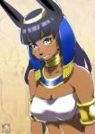  anbs-02 anime anthro black_body black_hair black_nose blue_eyes breasts brown_body brown_fur canid canine canis clothed clothing egyptian female fur hair jackal jewelry leonelak looking_at_viewer mammal smile zenonzard 