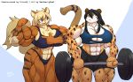 abs absurd_res anthro arcanine barbell big_breasts blonde_hair breasts chest_tuft cleavage clothed clothing duo felid female hair hi_res mammal muscular muscular_female nintendo pok&eacute;mon pok&eacute;mon_(species) razzberryboat tuft video_games 