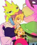 anthro bandai_namco bivalve_shell blep chiropmon cloak clothing cowl digimon digimon_(species) digimon_beatbreak eyewear female feral gekkomon glasses green_body group group_hug hug hugging_another human ludomon male mammal mollusk_shell pristimon red_eyes shell smile st14_kr010 syakomon tomoro_tenma tongue tongue_out