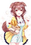 1girl :3 :d animal_ears bag baguette braid bread breasts brown_eyes brown_hair chiutake_mina clenched_hand collar collarbone croissant dog_ears dress fangs food food_background hair_between_eyes highres hololive inugami_korone long_hair medium_breasts melon_bread open_mouth paper_bag smile solo sparkle twin_braids virtual_youtuber white_background white_dress 