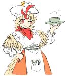  1girl animal_on_head apron baby_animal bird bird_on_head bird_tail bird_wings blonde_hair blush_stickers bowl breasts chef_hat chick chicken commentary dress english_commentary feathered_wings food hand_on_own_hip hat highres kaibootsu medium_breasts medium_hair multicolored_hair niwatari_kutaka on_head one_eye_closed orange_dress orange_skirt plate pocket red_eyes red_hair shirt simple_background skirt smile solo soup steam tail touhou two-tone_hair whistle white_apron white_background white_shirt wings yellow_wings 