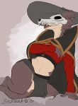  2020 absurd_res adler_(beastars) anthro beastars brown_body brown_fur canid canine canis cape claws clothed clothing costume countershade_face countershade_torso countershading crop_top fangs female front_view fully_clothed fur hat headgear headwear hi_res juno_(beastars) mammal mask midriff open_mouth reclining shirt skull_mask solo taiarts tan_countershading topwear wolf 