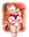 2026 animal_crossing anthro baker blurred_background bottomless clothed clothing dairy_products digital_media_(artwork) eyes_closed female food food_creature fruit full-length_portrait gnwired happy hi_res holding_object holding_piping_bag holding_tool hooves mammal merengue_(animal_crossing) neckwear nintendo open_mouth open_smile pink_body piping_bag plant portrait rhinoceros smile solo standing strawberry tail tools unguligrade whipped_cream