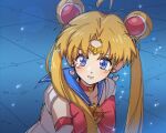  1girl ahoge bishoujo_senshi_sailor_moon bishoujo_senshi_sailor_moon_s blonde_hair blue_eyes blue_sailor_collar blush bow bowtie brooch choker circlet commentary cosmic_heart_compact crescent crescent_earrings crown_ornament derivative_work double_bun earrings elbow_gloves gloves gold_circlet hair_bun heart heart_brooch heart_choker heart_ornament jewelry kalamari light_frown long_hair magical_girl meme moon_(ornament) parted_bangs parted_lips pink_bow pink_bowtie pink_choker pink_ribbon ribbon sailor_collar sailor_moon sailor_moon_redraw_challenge_(meme) sailor_senshi_uniform screenshot_redraw shirt solo striped_blush tearing_up tsukino_usagi twintails upper_body white_shirt 